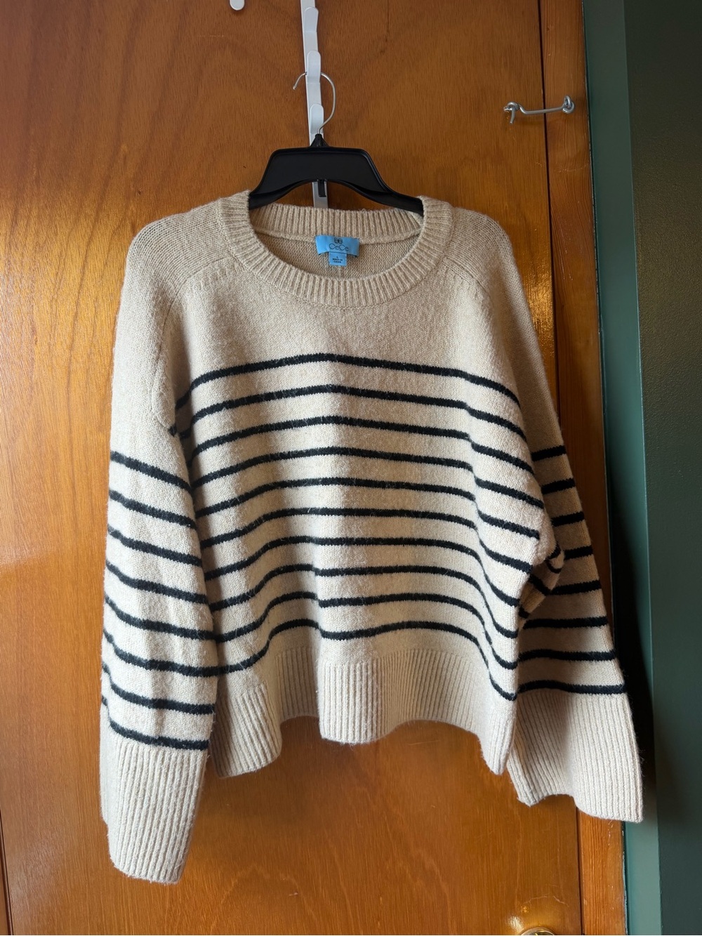 CeCe Tan and Black Striped Crewneck Sweater